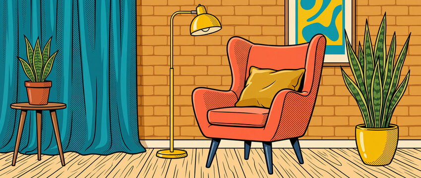 Armchair in retro living room interior rendered in pop art comic style with halftone dots, showing a cozy reading nook with floor lamp and house plants for home decor design