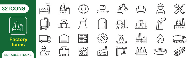 32 Factory Vector Outline Icons Set – Manufacturing, Industrial Equipment, Production, Machinery and Engineering Line Symbols Collection © MithunChandro