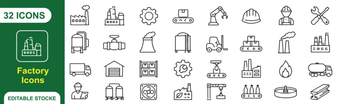 32 Factory Vector Outline Icons Set &ndash; Manufacturing, Industrial Equipment, Production, Machinery and Engineering Line Symbols Collection