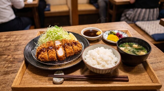 木目トレイに並ぶ揚げたてロースカツと白ご飯・豆腐とわかめの味噌汁のとんかつ定食