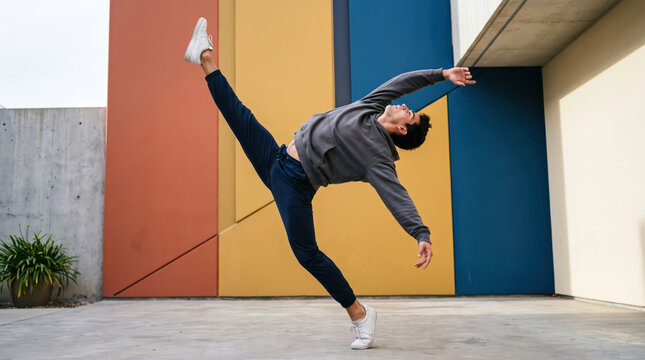 Male contemporary dancer performing a dramatic high leg extension against bold geometric urban architecture