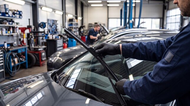 Professional automotive technician replacing windshield wiper blade on modern vehicle inside clean service garage mechanic wearing protective gloves performing routine maintenance inspection careful 
