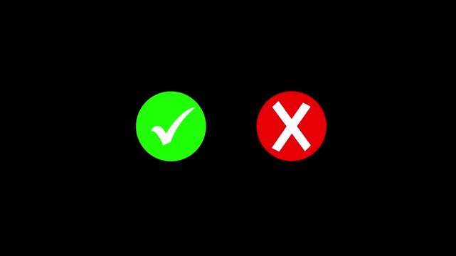 Video footage of yes or no, true or false with alpha channel. check mark and cross mark signs icon animation. On a black background motion graphics animation