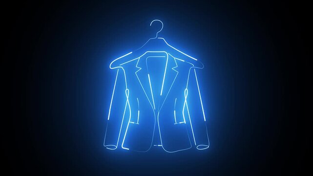 Bright blue neon light outline of a suit jacket hanging on a clothes hanger