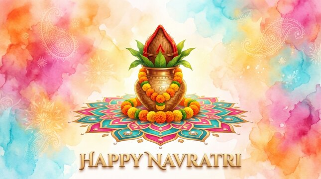 Happy navratri watercolor background greeting card with kalash