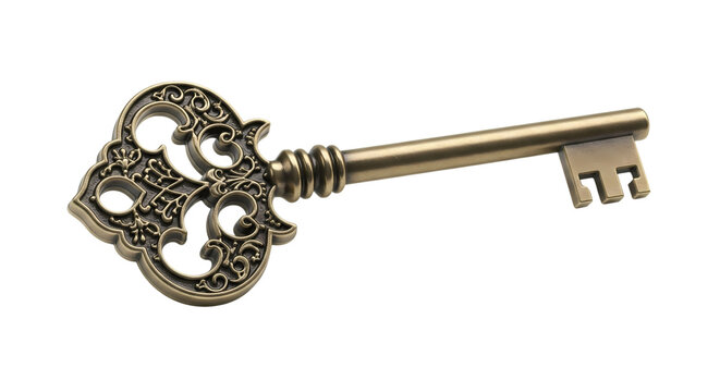 Antique Bronze Skeleton Key with Intricate Filigree Design Isolated on White Background for Vintage Concept