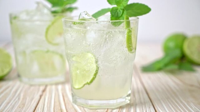 Iced lime soda drink with fresh mint leaves in glass on wooden surface.