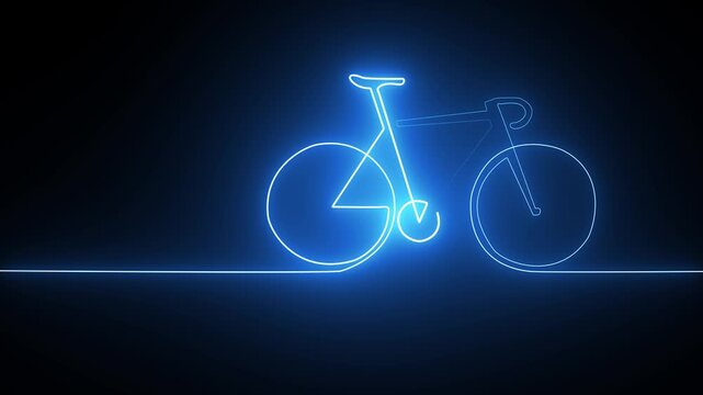 Glowing blue neon bicycle outline made from a single continuous line on a dark background