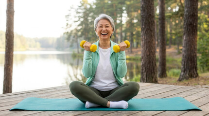 Fototapeta premium Senior woman lifting dumbbells by forest lake, active aging and healthy lifestyle