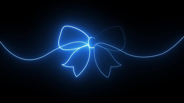 Glowing blue neon bow made of a single continuous light line on a dark black background
