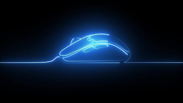 Glowing neon blue computer mouse outline on a dark black background