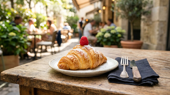 Fresh buttery croissant topped with a raspberry on a wooden table at an outdoor cafe