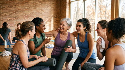 Fototapeta premium Diverse women laughing together with yoga mats in a bright studio after a friendly group fitness class