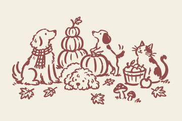 Fototapeta na wymiar Autumn Pets with Pumpkins and Leaves Hand Drawn Illustration