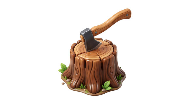 Cartoon style axe stuck in a wooden tree stump isolated on transparent background on a transparent background
