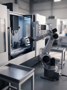 A robotic arm placing a metal component into a modern computer numerical control milling machine with industrial manufacturing facility operating within modern part while operating