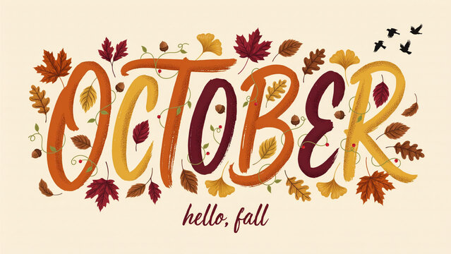 October hand-drawn lettering with autumn leaves, hello fall seasonal typography, rustic orange and yellow foliage background