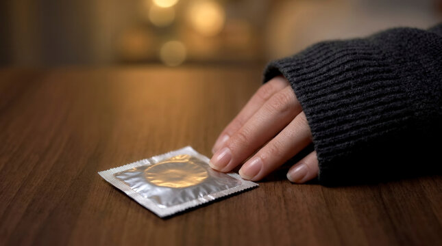 Woman hand touching condom wrapper on wooden table, safe sex and health protection