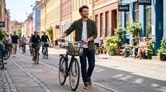 Smiling young man walking a bicycle through a lively city street for sustainable urban transportation