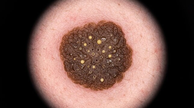 Dermatoscope view of seborrheic keratosis on human skin, showing detailed benign epithelial tumor structure.