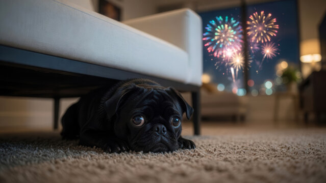 Terrified black pug hiding under sofa during fireworks, pet anxiety and noise phobia