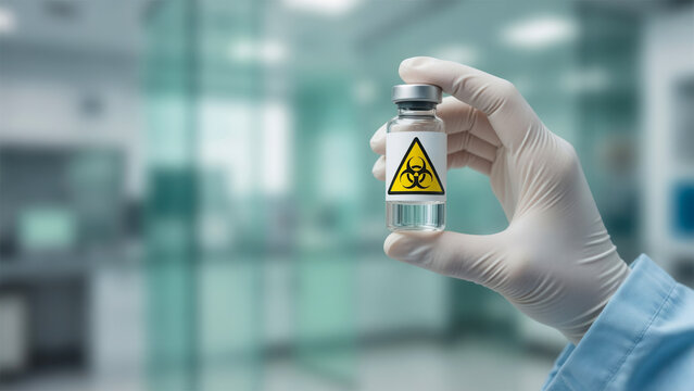 Gloved hand holding vial with biohazard symbol in laboratory, biosecurity research and pathogen control