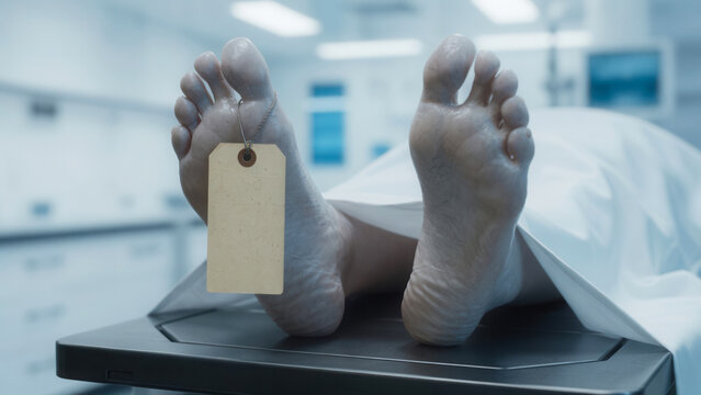 Bare feet of corpse with blank toe tag on morgue examination table, forensic autopsy and death investigation