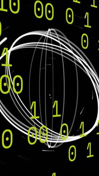 Animation of moving circles over binary codes against black background