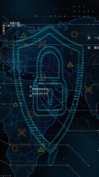 Animation of light spot and security padlock icon over world map against blue background