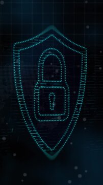 Animation of white spots over security padlock icon against spinning globe and world map