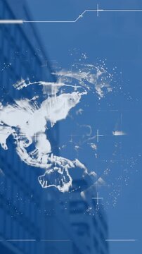 Animation of financial data processing with globe over cityscape
