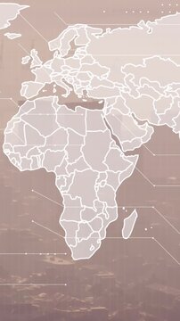 Animation of world map and financial data processing over cityscape