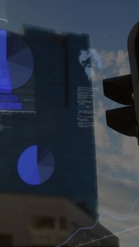 Animation of financial data processing over cityscape