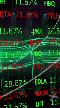 Animation of stock market data processing and green digital wave against black background