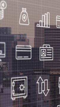 Animation of financial icons and data processing over cityscape
