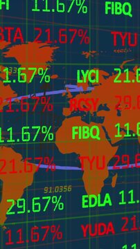 Animation of trading board over geometric shapes and numbers on map against abstract background