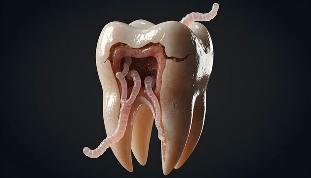 Dental caries anatomy and root canal infection concept. Toothache disease and oral health risks. Parasitic worms crawling inside cracked decaying molar enamel and pulp