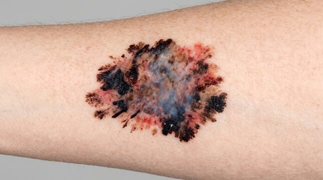 Malignant melanoma irregular dark skin cancer lesion on arm