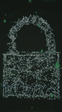 Animation of network of connections and security padlock icon against light spot on black background
