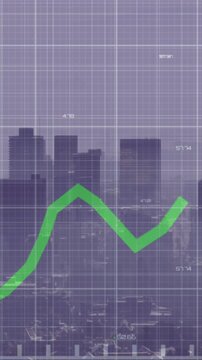 Animation of multicolored graphs with changing numbers over fog covered modern cityscape
