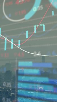 Animation of multiple graphs and trading board over modern cityscape against sky