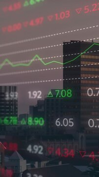 Animation of multicolored trading board over modern cityscape against sky