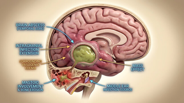 Otogenic Brain Abscess with Intracranial Infection Extension Causing Focal Neurological Deficit of Human Brain Anatomy Temporal Lobe Purulent Material