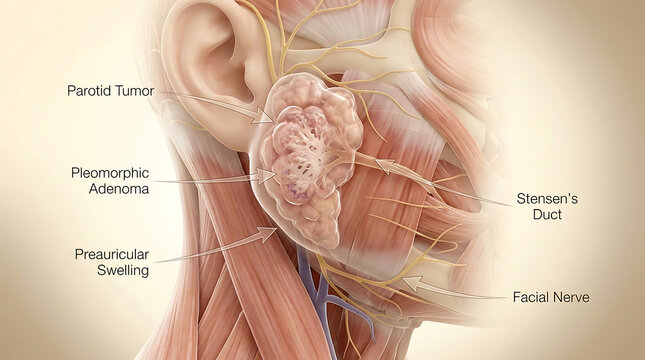 Parotid Gland Tumor with Pleomorphic Adenoma Causing Preauricular Swelling of Human Salivary Gland Anatomy Myxoid Stroma Mixed Cellularity Benign