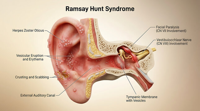 Ramsay Hunt Syndrome with Herpes Zoster Oticus Causing Facial Paralysis and Ear Pain of Human Ear Anatomy Vesicular Eruption Auricle External Canal