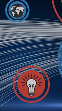 Animation of icon in circles, binary codes on globe over dots forming lines over abstract background