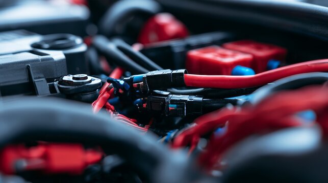 Automotive low voltage electrical wires arranged as a vehicle wiring harness, showing insulated cables and connected conductors used for car electrical systems, power distribution, control maintenance