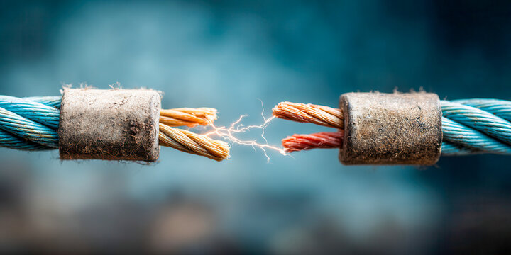 Frayed electrical cables spark as bare copper ends separate, with damaged wire strands exposed in tense technical close up. Faulty cable connection suggests industrial hazard and dangerous short
