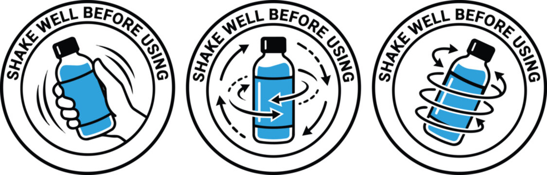 Shake well before using instructional vector graphic icons showing proper bottle usage on transparent background