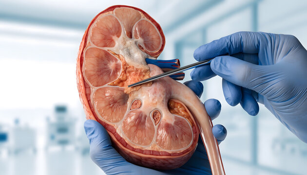 Kidney anatomy dissection and renal tumor diagnosis. Oncology pathology and nephrology surgery. Doctor pointing surgical tweezers at abnormal renal tissue inside clinical lab